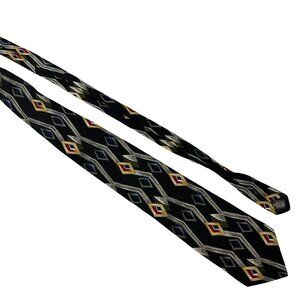 Vintage Surrey Mens 100% Silk Geometric Pattern Tie Black Multicolor Accents